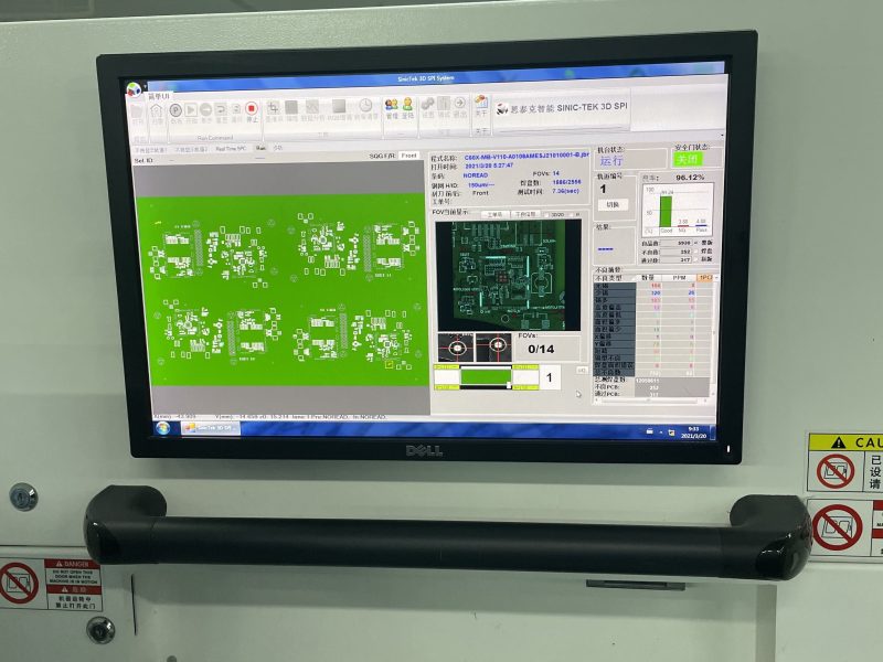 3D SPI (Solder Paste Inspection) system screen monitoring solder paste height and coverage on PCB in a Turnkey PCBA factory