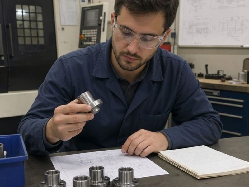 reviewing a small batch of machined metal components