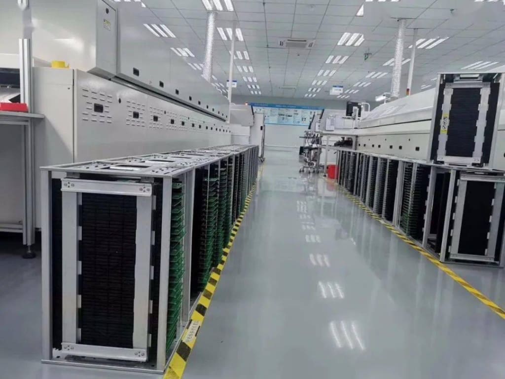 在交钥匙PCBA制造工厂中，ESD PCB料架用于存放印刷电路板，该料架位于SMT装配线旁边。
