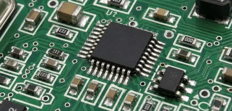 Close-up of assembled PCBA with SMT components and solder joints