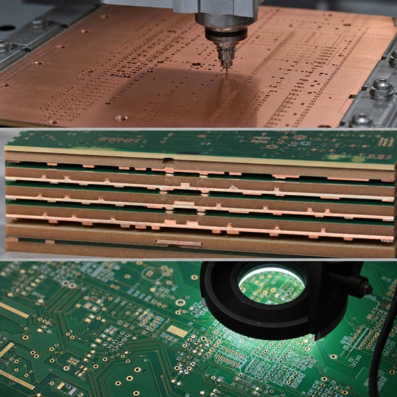PCB fabrication process showing CNC drilling, multilayer stack-up cross-section, and visual inspection