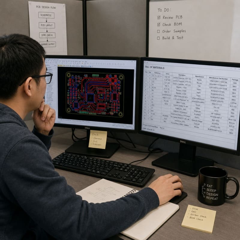 reviewing PCB layout and bill of materials on dual monitors