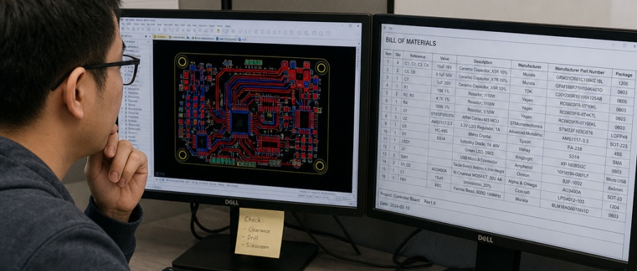 reviewing PCB layout and bill of materials on dual monitors