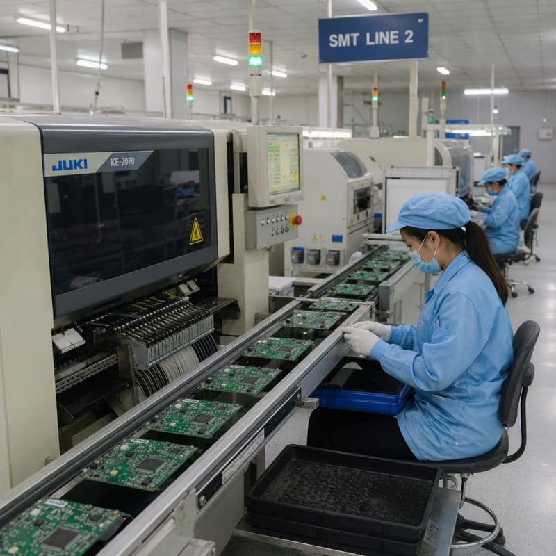 Operator inspecting PCBA on SMT Line 2 at Greenspcba Technology factory